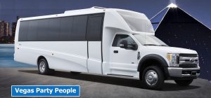 DEUCES is a white 40 person luxury party bus with onboard restroom